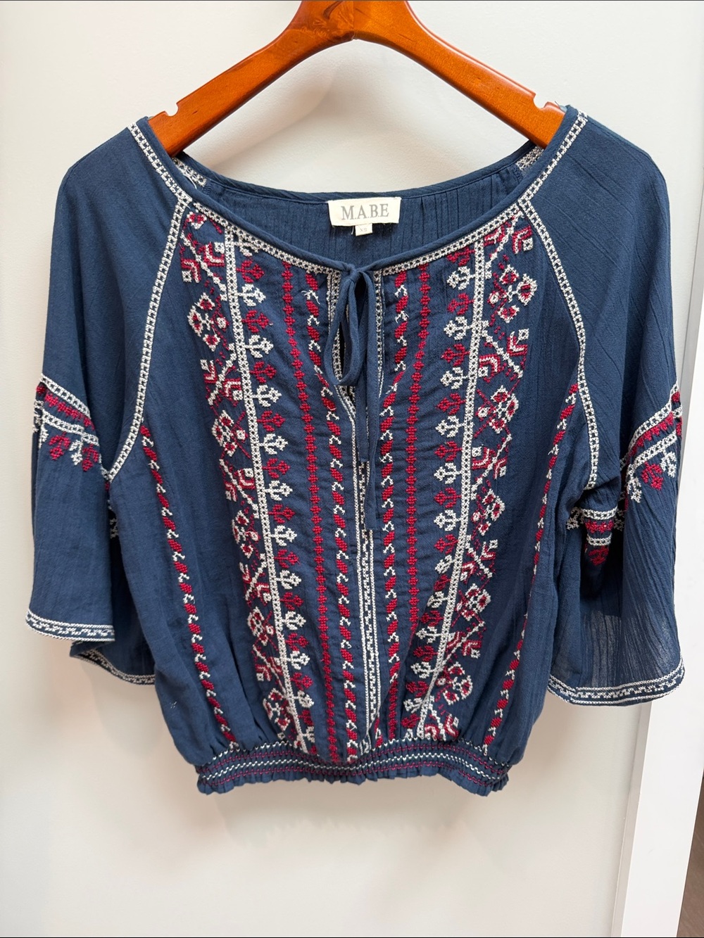 M.A.B.E Navy Embroidered Peasant Top with Red & White Accents